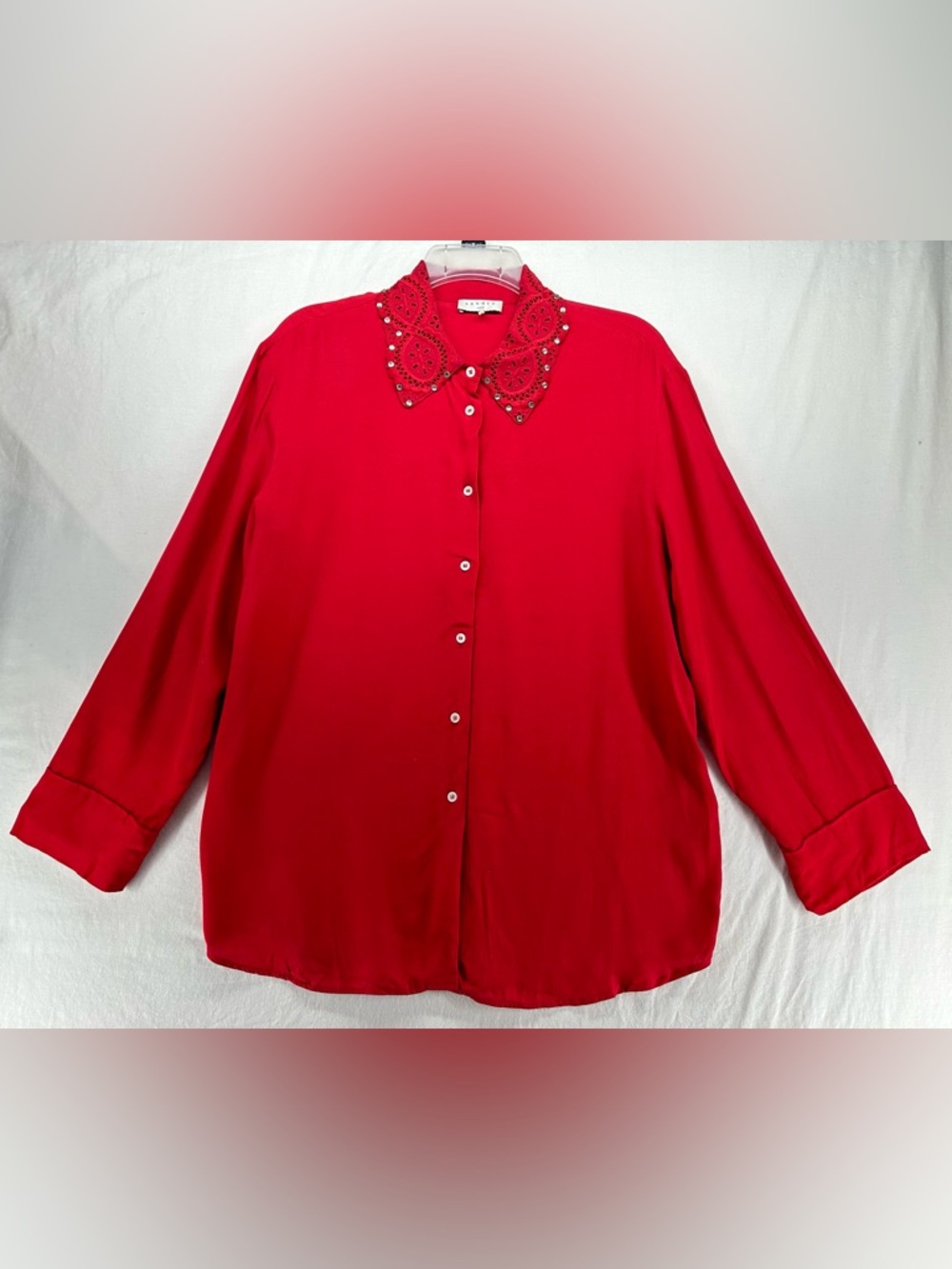 Sandro Paris Red Rhinestone Laser Cut Collar Shirt Button Down Top Womens Sz 1 S